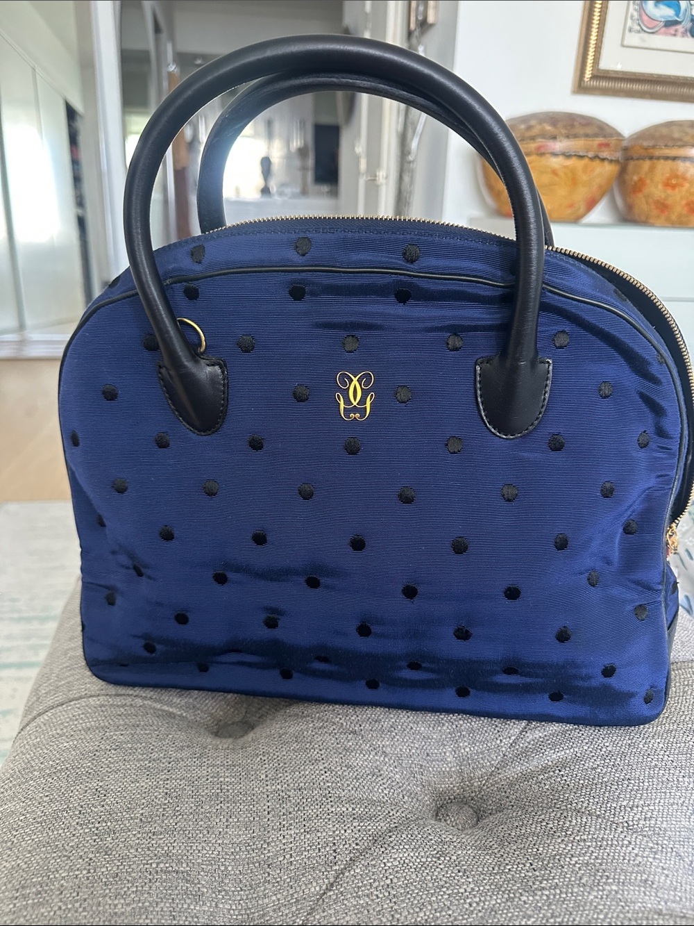 GUERLAIN Navy Blue Polka Dot Dome Cosmetic Bag